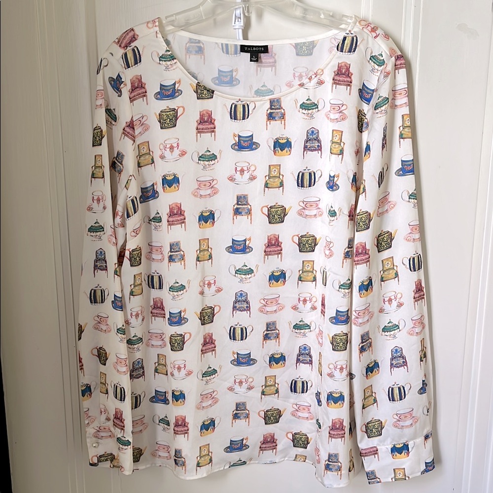 Talbots Bridgerton Print Blouse Size L Long Sleeves Teapots Cups - Picture 2 of 15